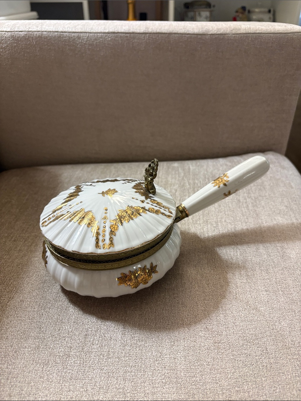 Vintage Ornate White and Gold Decorative Lidded Pan with Handle